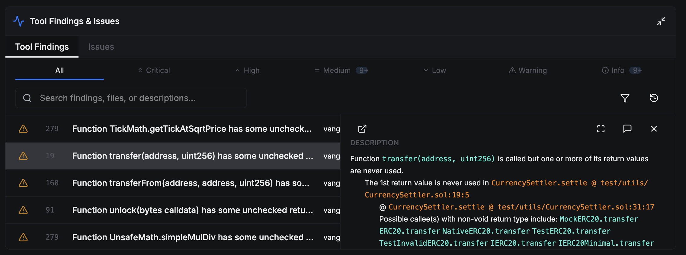 The tool findings pane when viewing a finding description