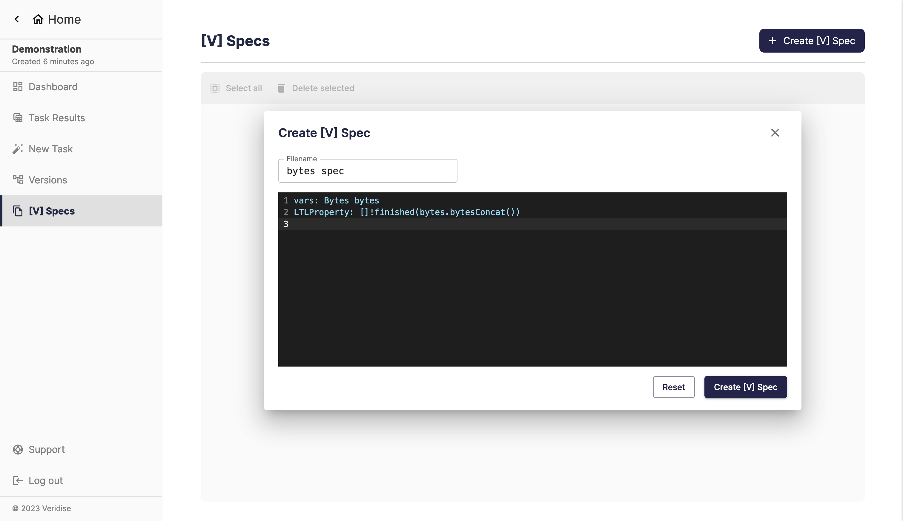 Specification creation dialog