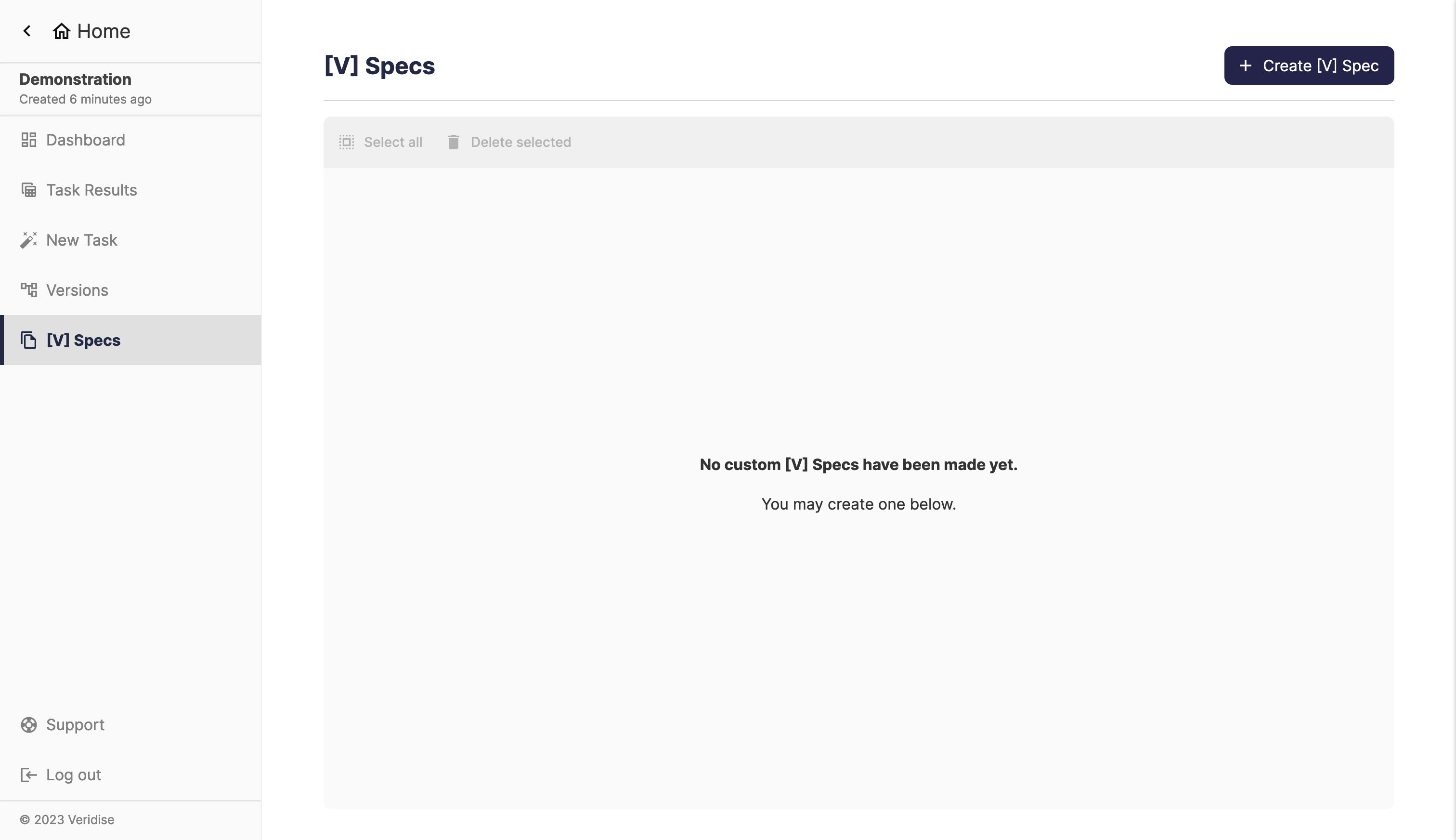 Screenshot of specifications page