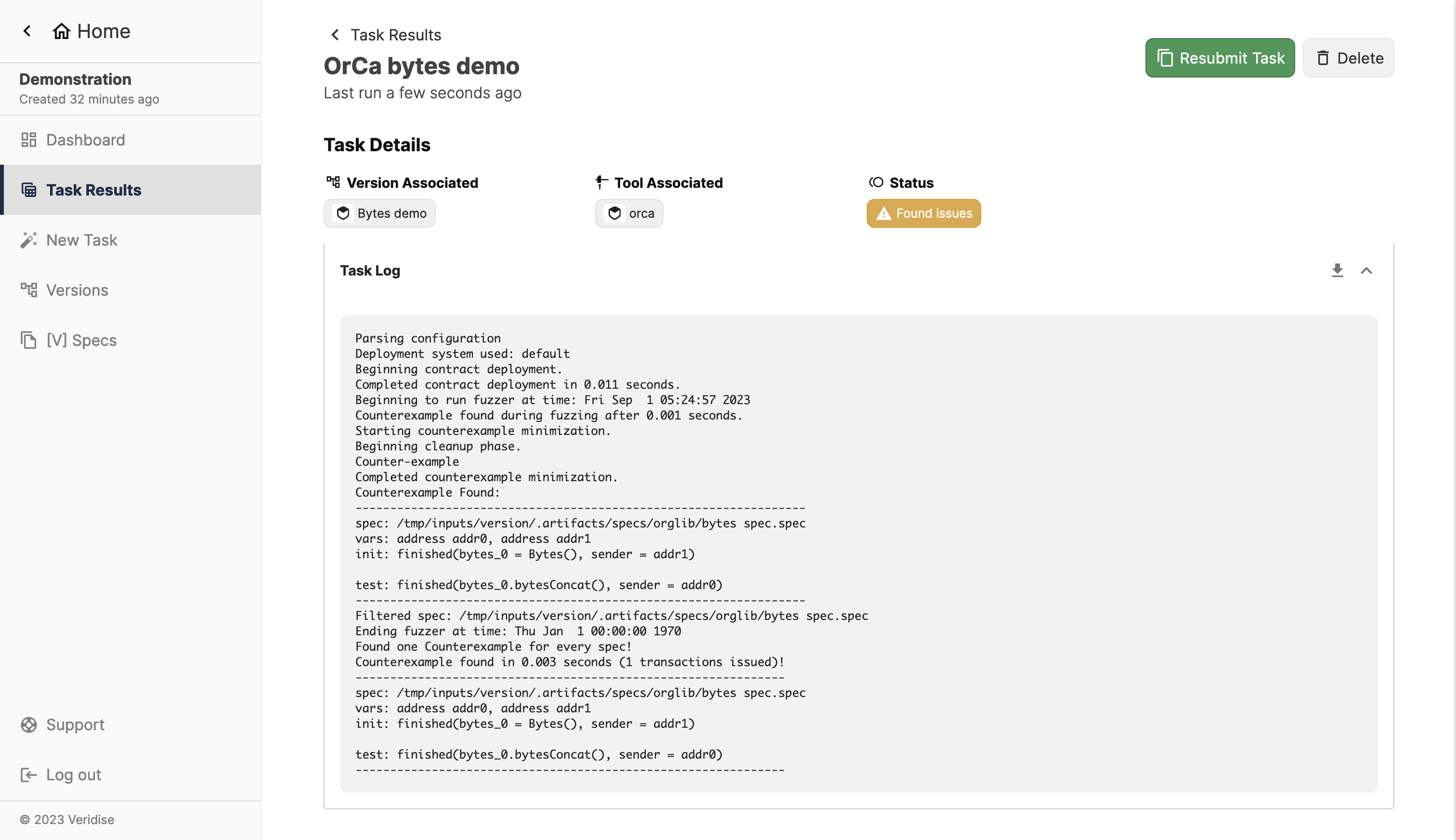 Screenshot of task results page