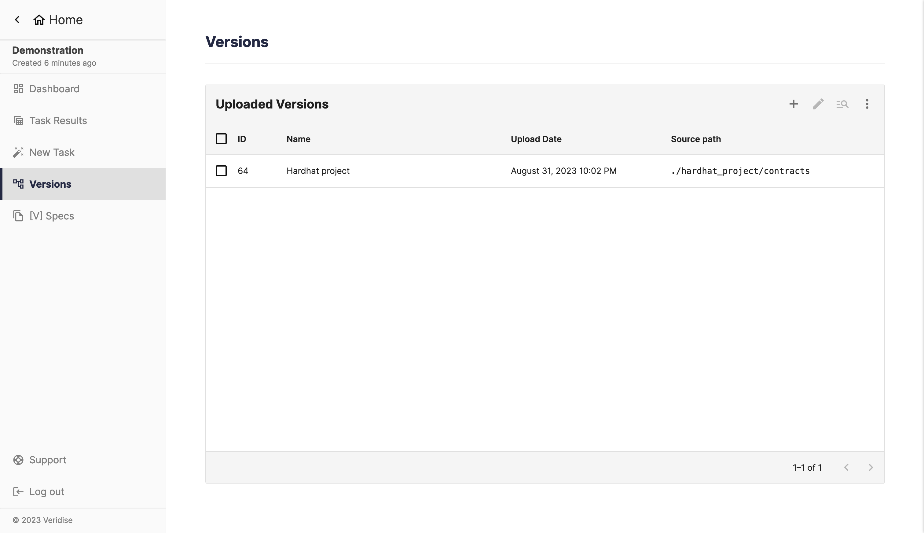 Screenshot of versions page
